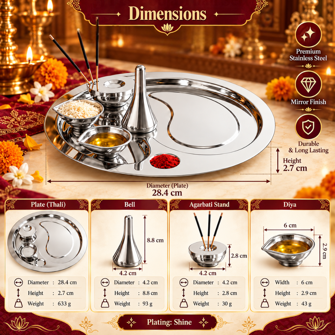 FnS Premium Stainless Steel Pooja Thali Set of 5 Shine Finish