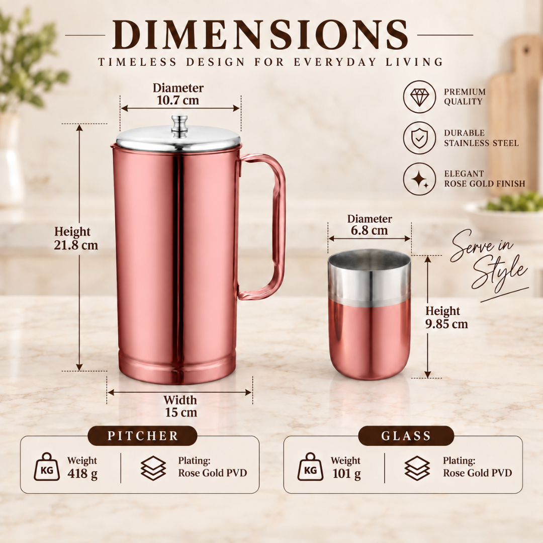 FnS Glory 7-Pc Rose Gold PVD Stainless Steel Pitcher & Glass Set
