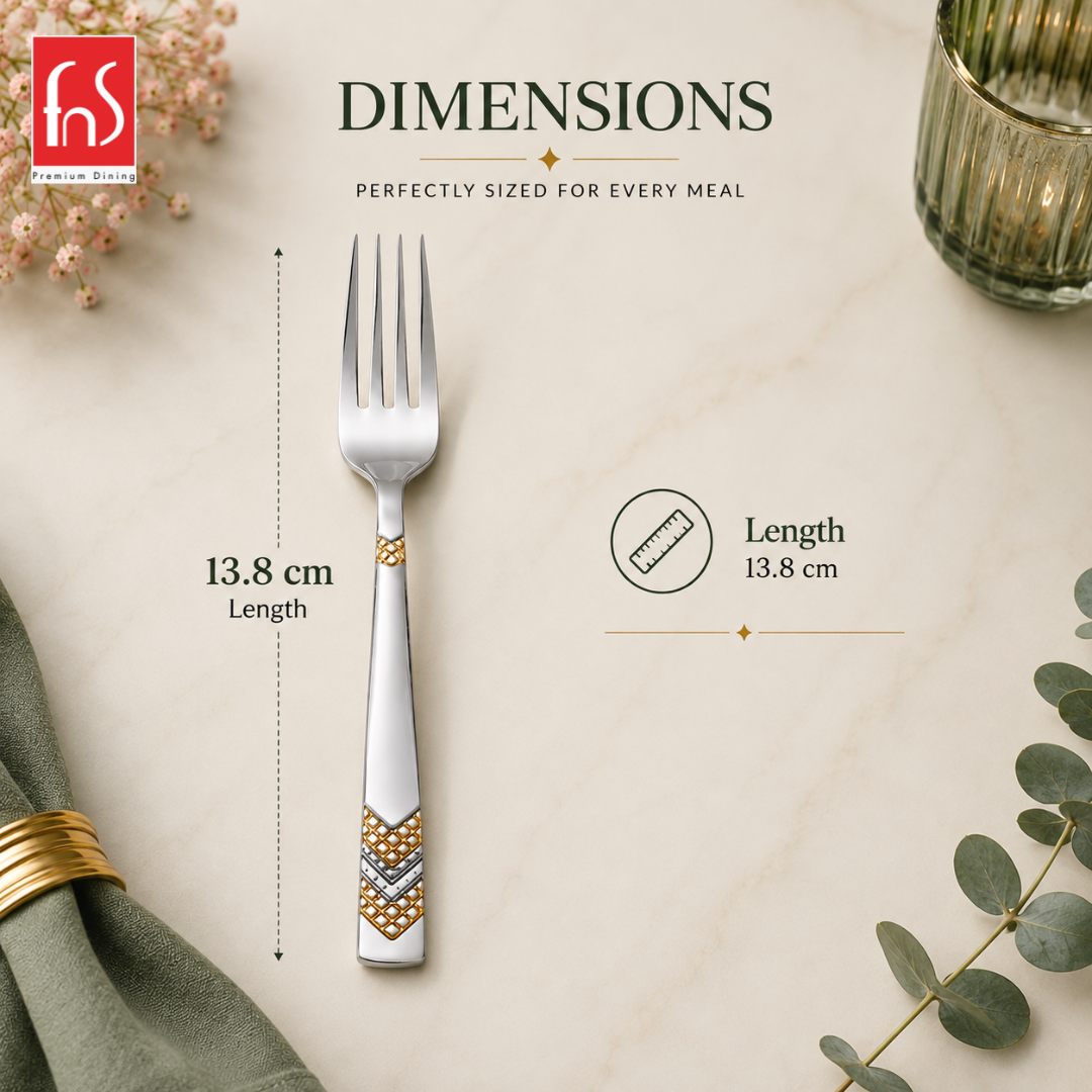 FnS RAGA 24K gold plated stainless steel fruit fork shown with 13.8 cm length and detailed geometric handle pattern design