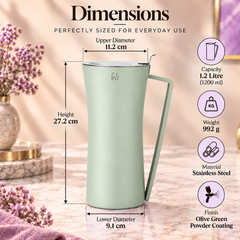 FnS Royal Olive Green Stainless Steel Water Pitcher/Jug 1.2L
