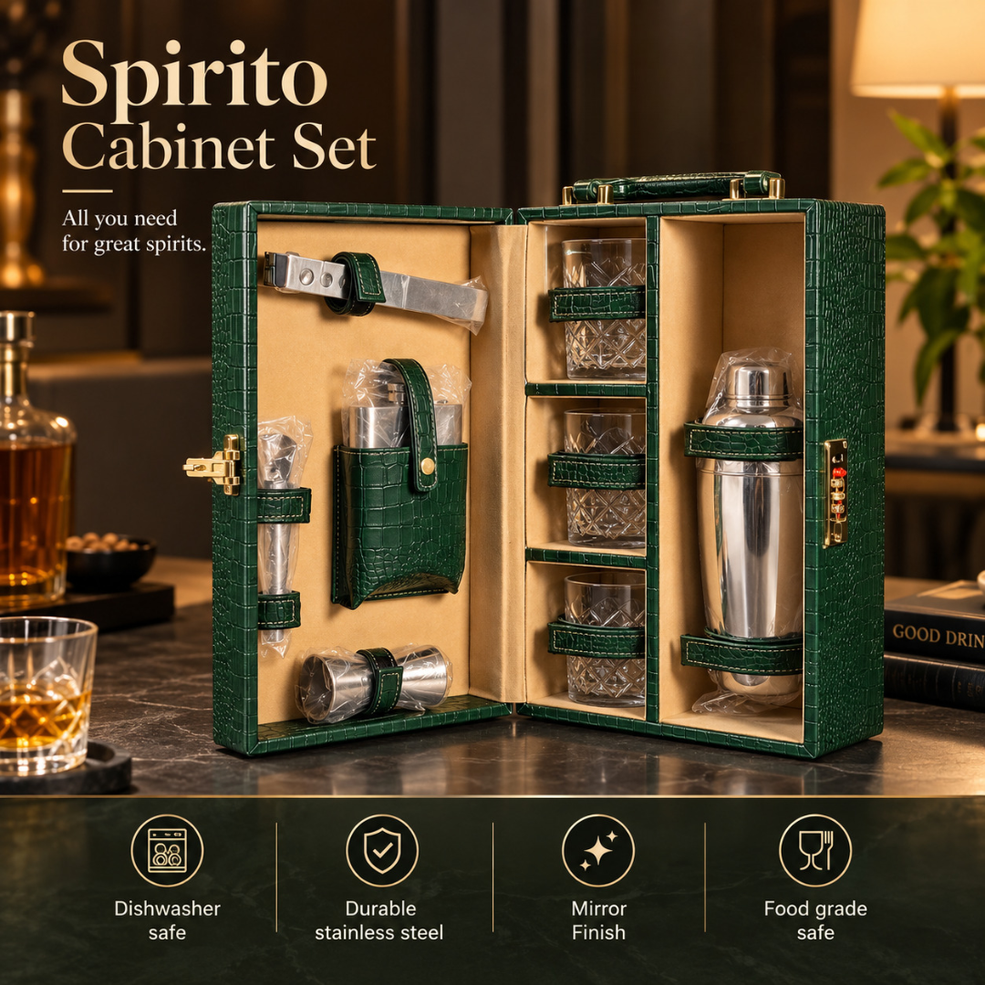 Spirito Mini Cabinet – 8-Piece Leather Bar Set