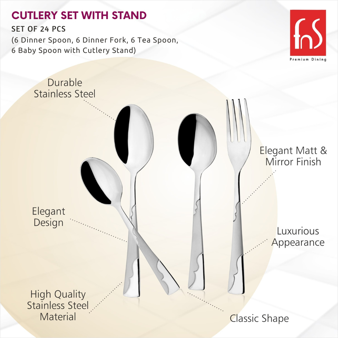 Montavo 24 Pcs Creta Stainless Steel Cutlery Set with Stand (6 Dinner Spoon, 6 Dinner Fork, 6 Baby Spoon, 6 Tea Spoon)