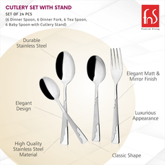 Montavo 24 Pcs Creta Stainless Steel Cutlery Set with Stand (6 Dinner Spoon, 6 Dinner Fork, 6 Baby Spoon, 6 Tea Spoon)