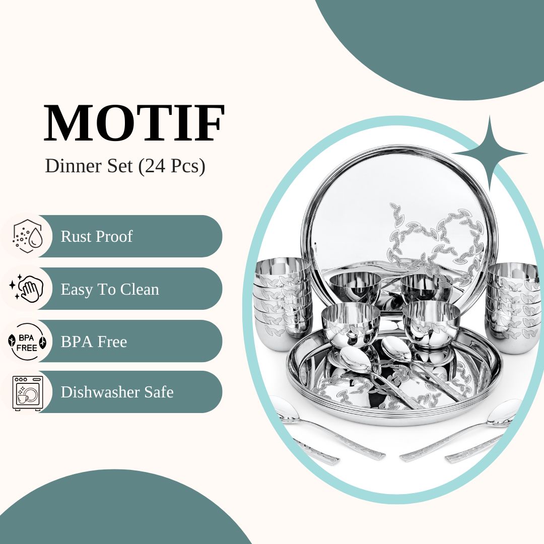 FnS Motif 24 pcs Stainless Steel Dinner (6 Thali, 12 Katori (Bowl), 6 Dinner Spoon)