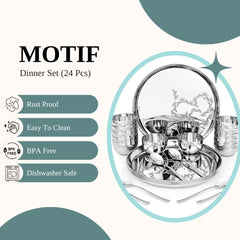 FnS Motif 24 pcs Stainless Steel Dinner (6 Thali, 12 Katori (Bowl), 6 Dinner Spoon)