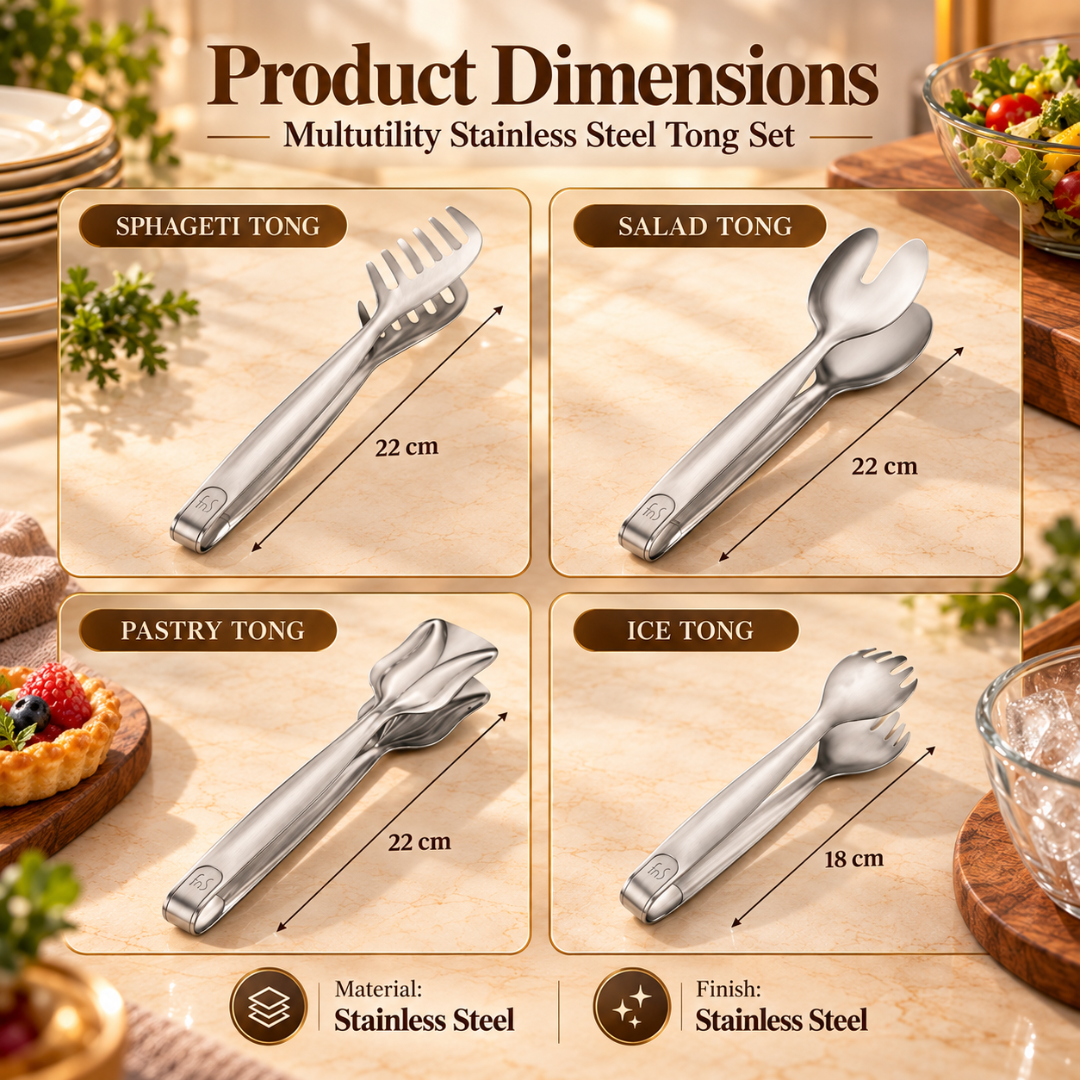 FnS 4-Pc Stainless Steel Multi-Utility Tong Set for Serving & Kitchen
