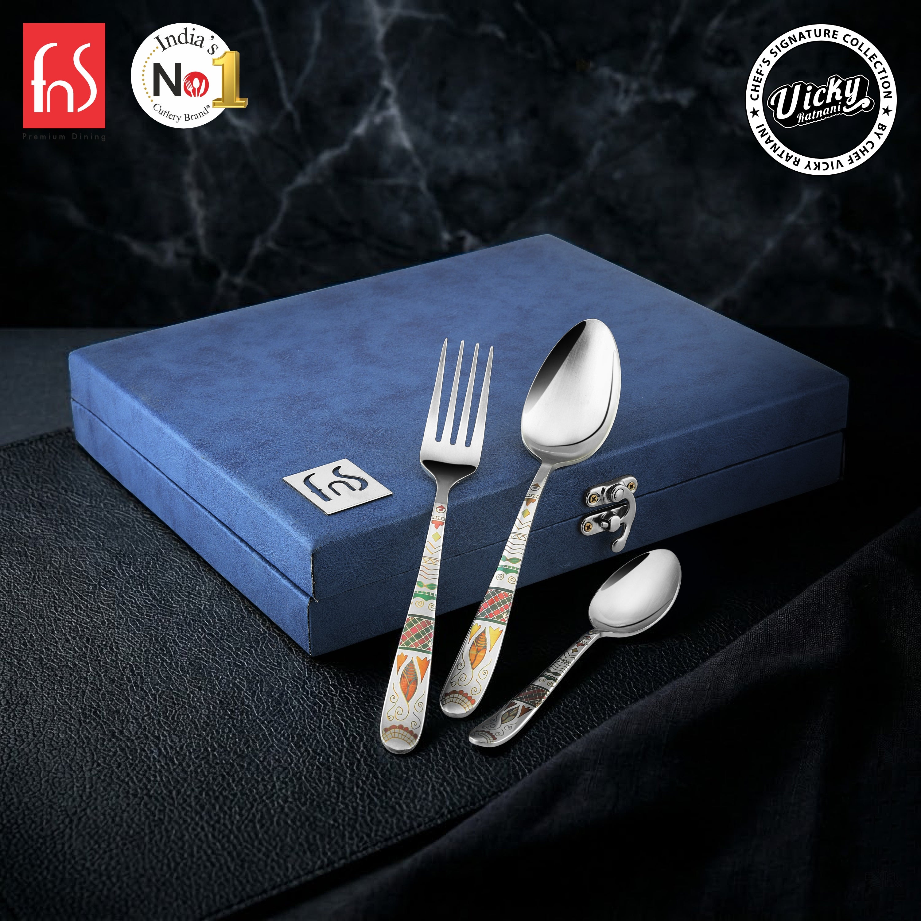 Chef Vicky Ratnani’s Signature Collection By FnS Wales Stainless Steel 18 Pcs Cutlery Set with Box Pack | 6 Dinner Spoons, 6 Dinner Forks, 6 Tea Spoons