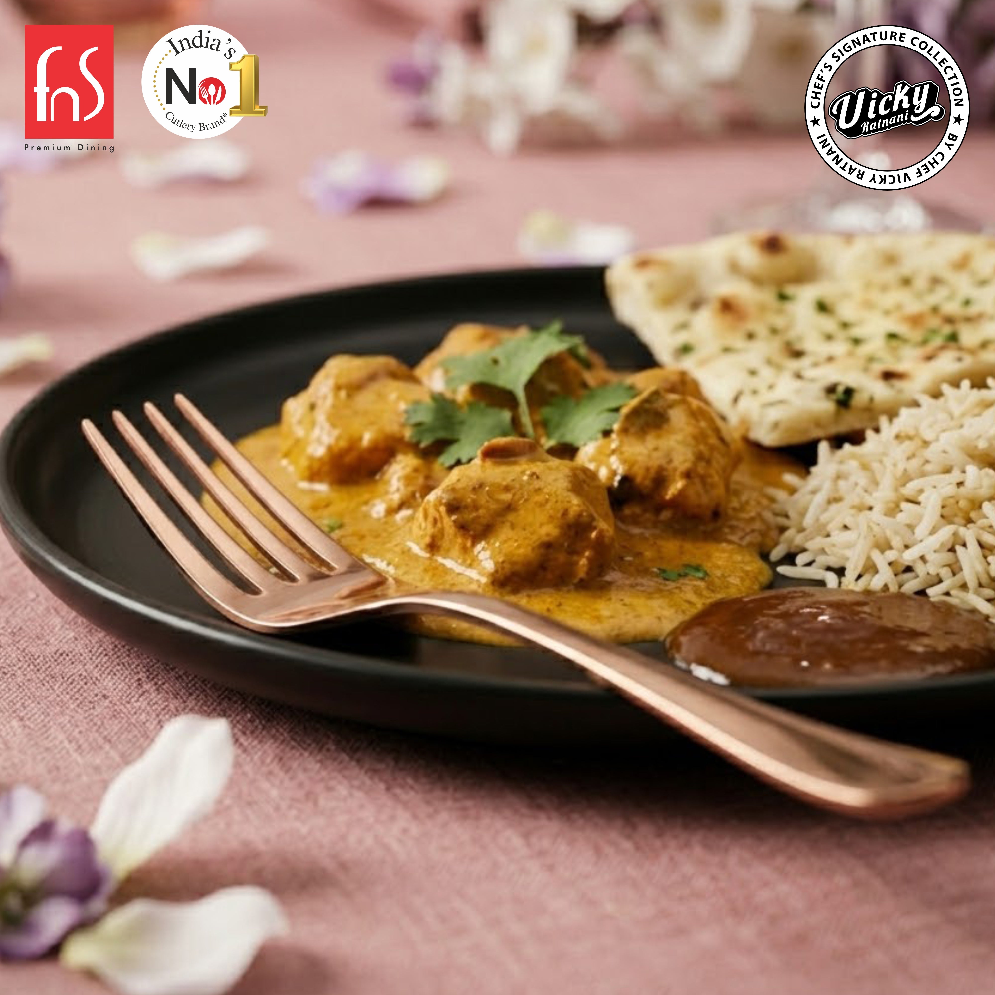 Chef Vicky Ratnani's Signature Collection By FnS Livo Rose Gold Stainless Steel Dessert Fork 6 Pcs Set | Premium refined finish Handle Design Cutlery for Home, Dining & Kitchen
