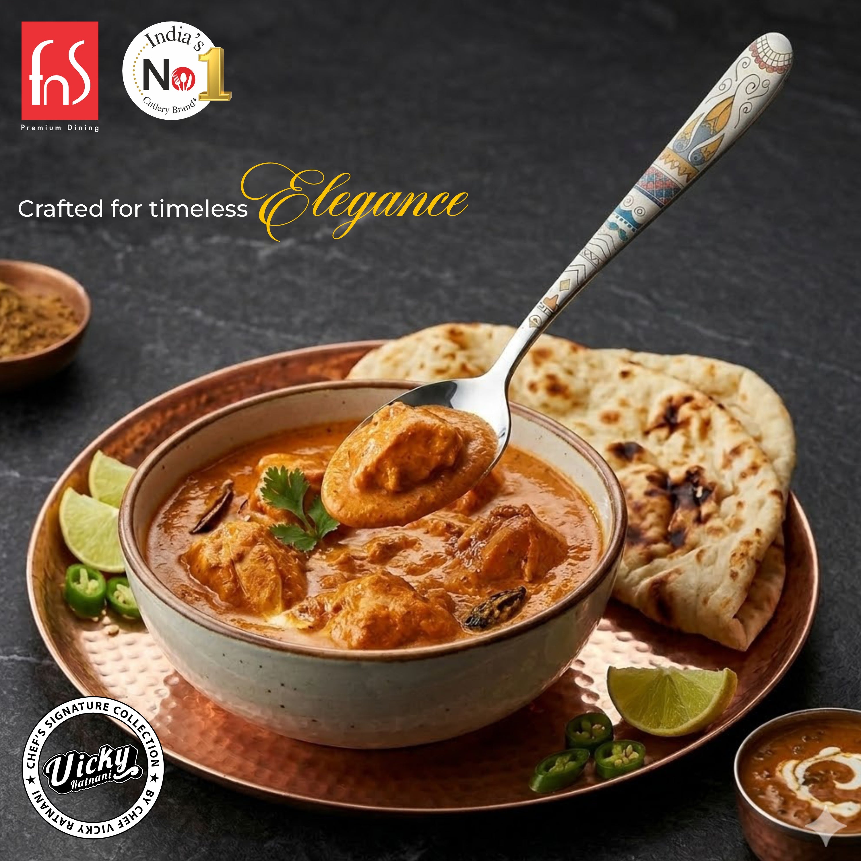 Chef Vicky Ratnani's Signature Collection By FnS Wales Stainless Steel Dessert Spoon 6 Pcs Set | Premium artistic & contemporary craftsmanship detailing Handle Design Cutlery for Home, Dining & Kitchen