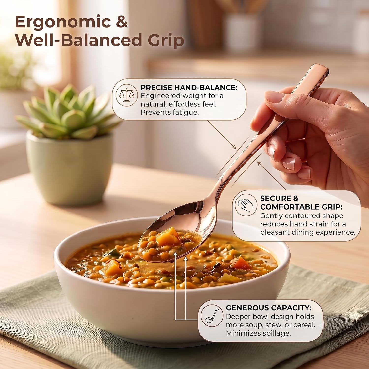 Montavo by FnS Stainless Steel Dinner Spoons | Set of 12 PVD Rose Gold Mirror Finish