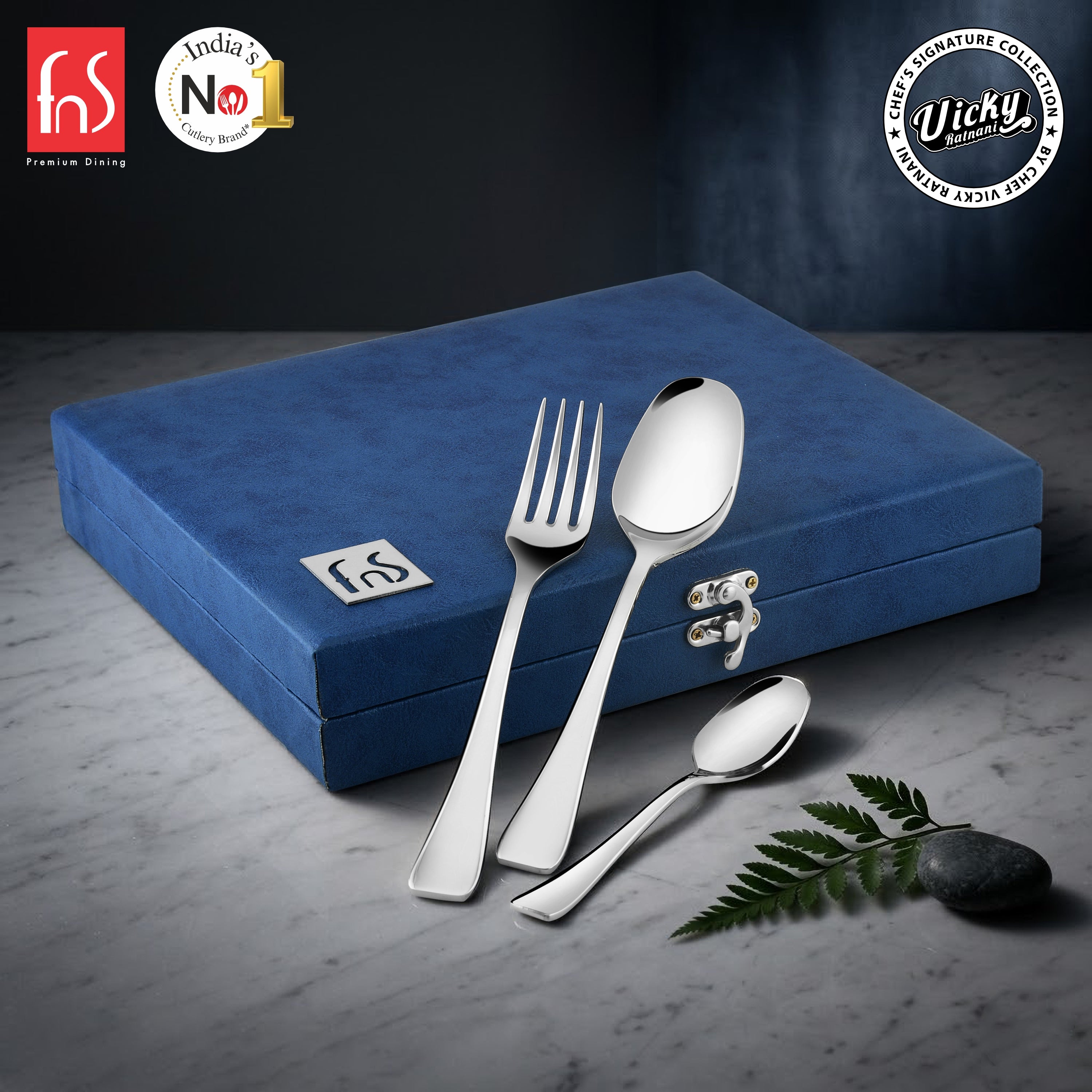 Chef Vicky Ratnani's Signature Collection By FnS Nexa Stainless Steel 18 Pcs Cutlery Set with Box Pack | 6 Dinner Spoons, 6 Dinner Forks, 6 Tea Spoons | Premium sleek contemporary Handle Design Cutlery for Home, Dining & Kitchen