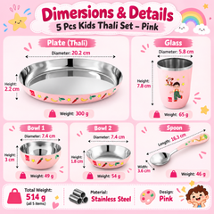 FnS Little Bites 5-Pc Stainless Steel Kids Dinner Thali Set – Pink