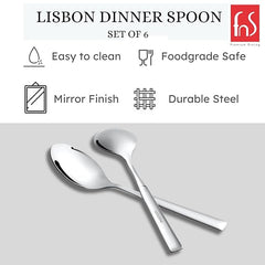 Montavo by FnS Lisbon Stainless Steel Dinner Spoon Set of 6 Spoons, for Home, Kitchen and Dinning