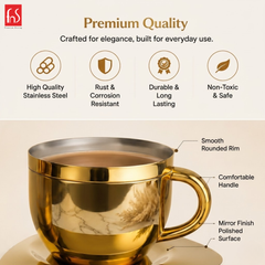FnS Tea Cup and Saucer Set of 4 Stainless Steel for Gift and Home Decor Double Walled Cup | Unbreakable Cups for Tea and Coffee (Gold, 4 Cups and 4 Saucer)