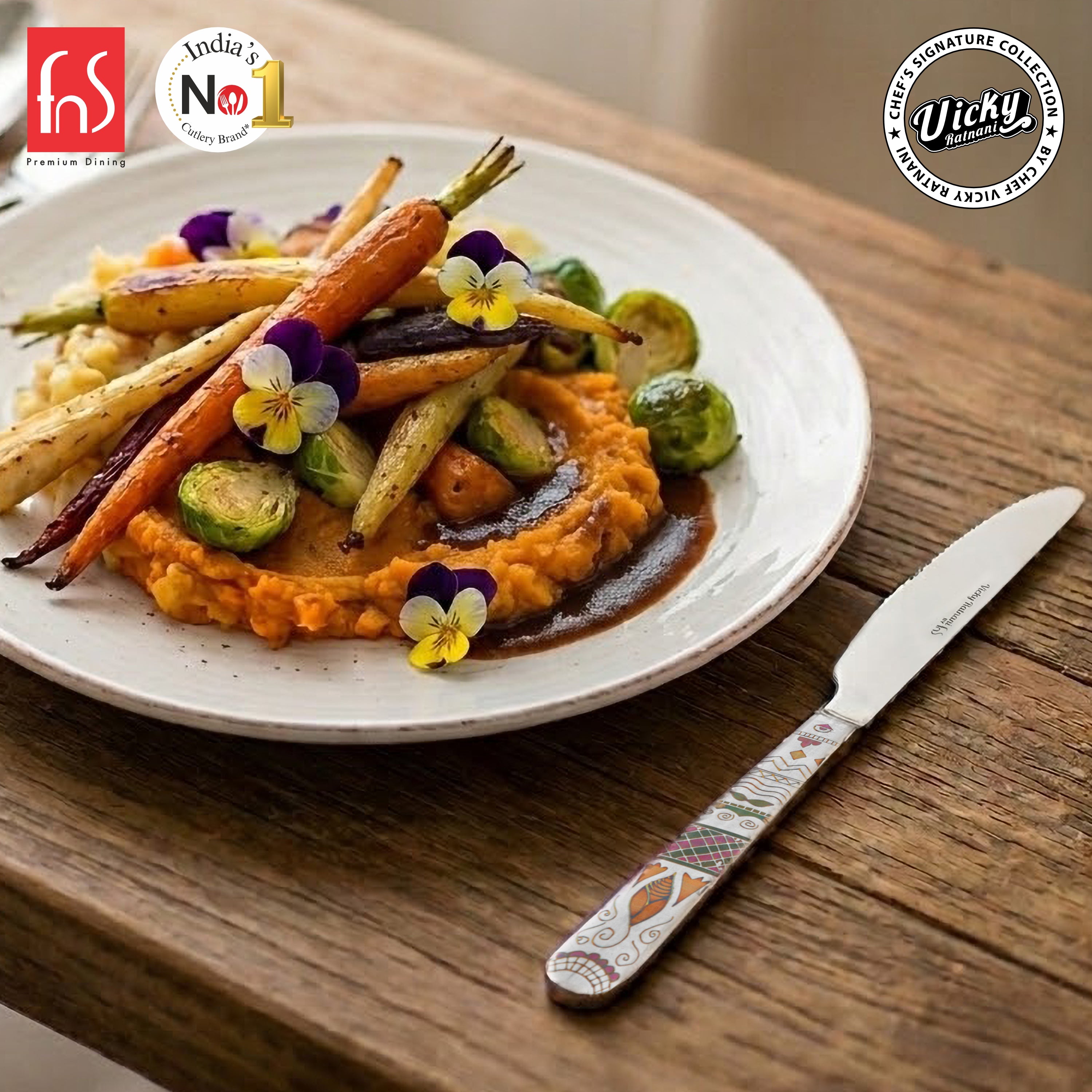 Chef Vicky Ratnani's Signature Collection By FnS Wales Dessert Knife/Dinner knife/Butter knife 2 Pcs Set | Premium artistic & contemporary craftsmanship detailing Handle Design Cutlery for Home, Dining & Kitchen