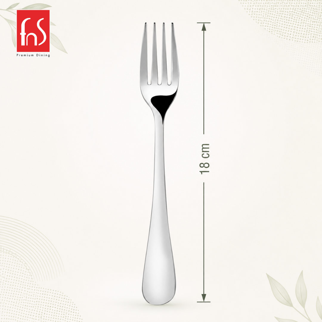 FnS Victoria stainless steel dinner fork shown with 18 cm length, polished mirror finish and sleek ergonomic handle design