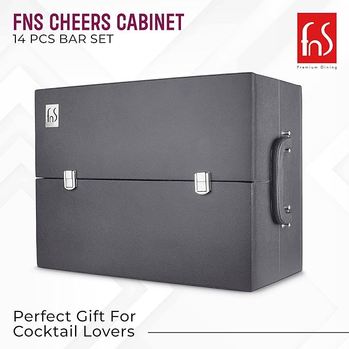 FNS Cheers 14 Pcs Bar Set - Complete Cocktail Set with 6 Whisky Glasses, Cocktail Shaker, Hip Flask, Waiter Knife, Dual Peg Jigger, Strainer, Stirrer, Bottle Opener, Tong - Premium Leatherette Box
