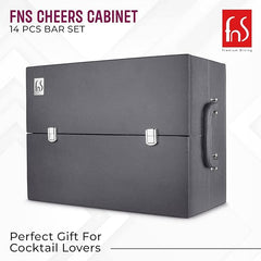 FNS Cheers 14 Pcs Bar Set - Complete Cocktail Set with 6 Whisky Glasses, Cocktail Shaker, Hip Flask, Waiter Knife, Dual Peg Jigger, Strainer, Stirrer, Bottle Opener, Tong - Premium Leatherette Box