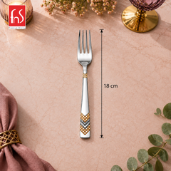 FnS RAGA 24K gold plated stainless steel dinner fork shown with 18 cm length and detailed geometric handle pattern design
