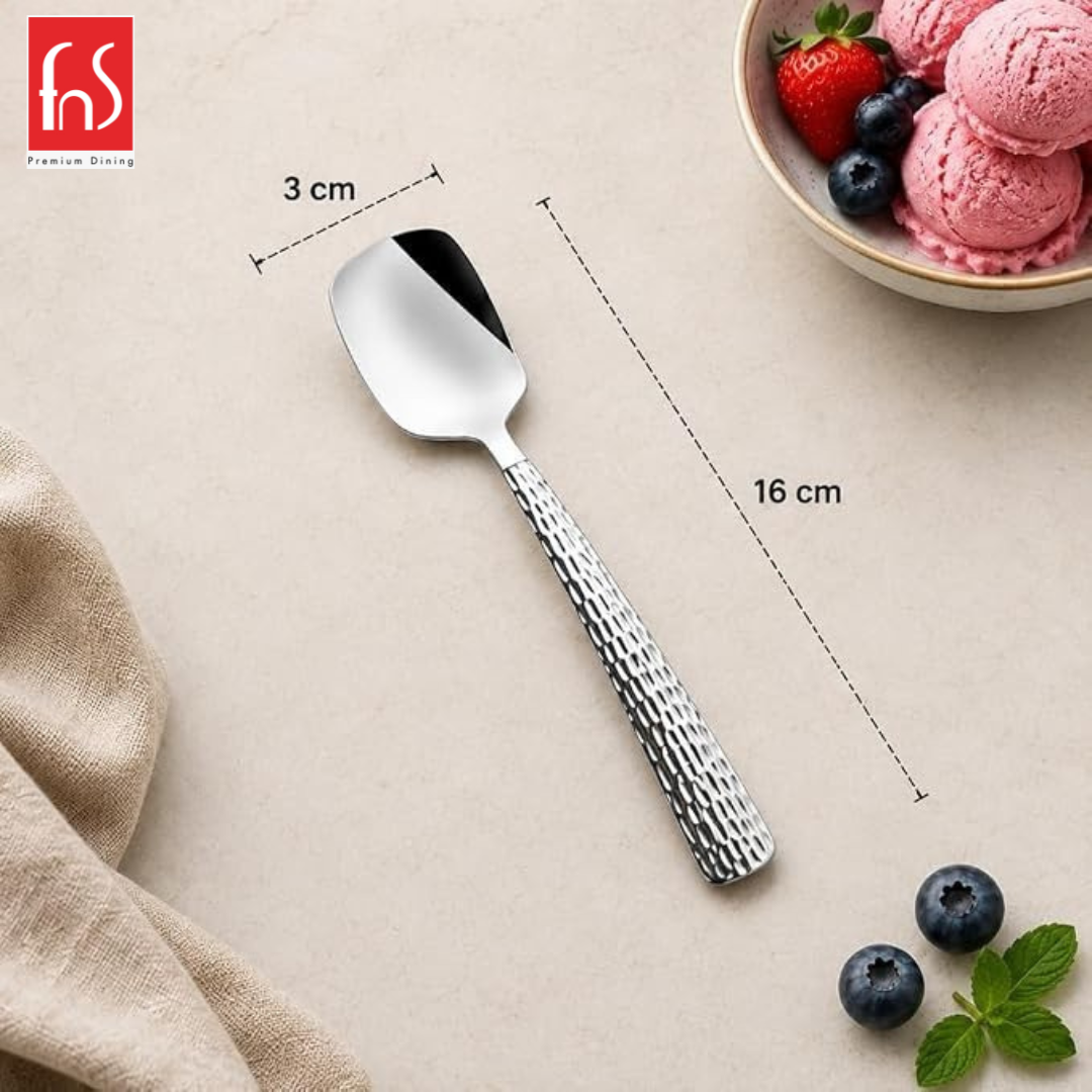 FnS Madrid hammered-finish stainless steel ice cream spoon shown with its 16 cm length and 3 cm wide scoop measurements.