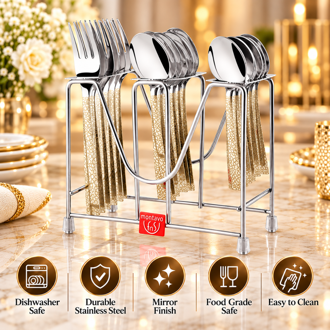 Montavo by FnS Pebble 18 pcs cutlery Set Premium Laser Engraved with Stand