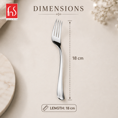 Montavo by FnS Flair stainless steel dinner fork shown with 18 cm length, polished mirror finish and curved handle design