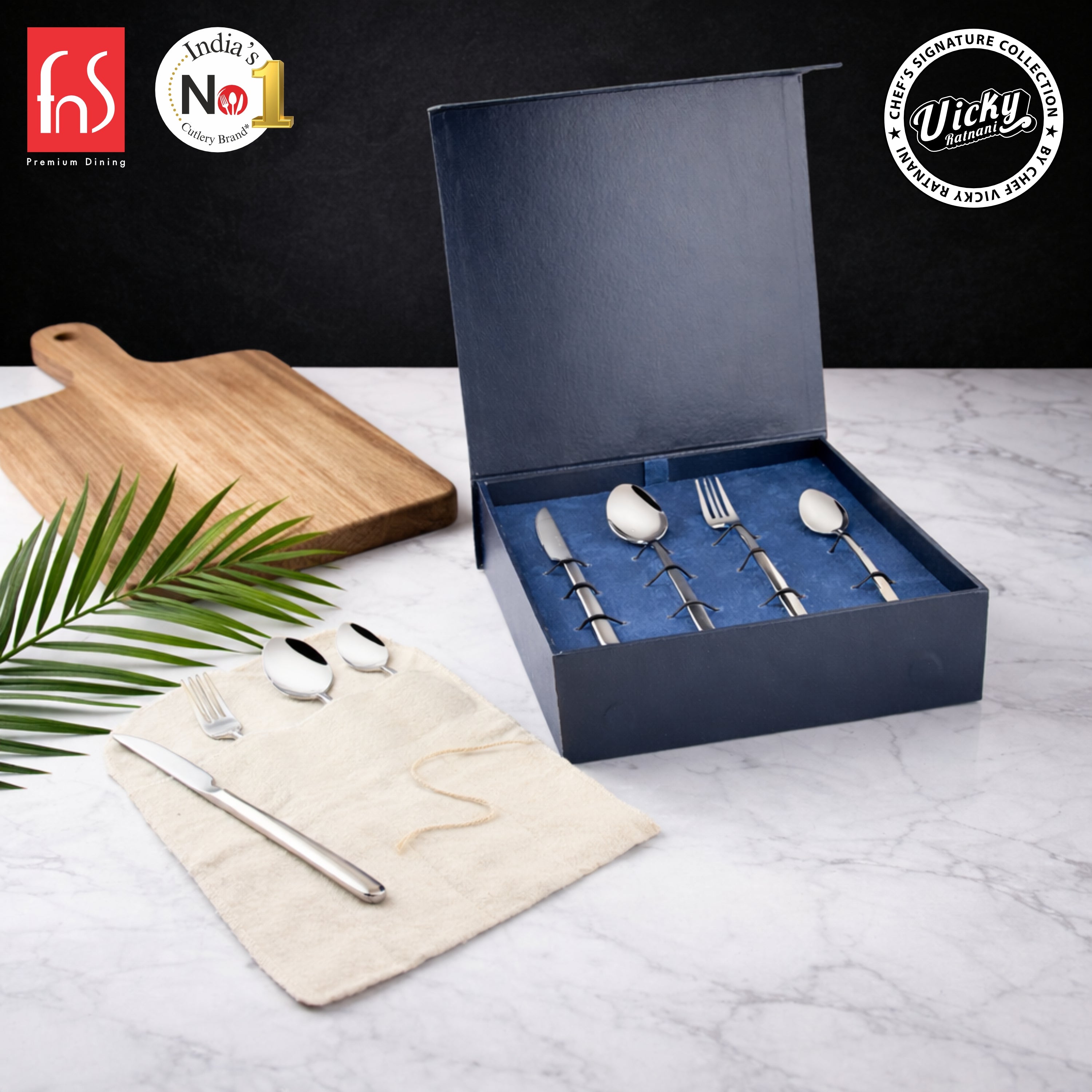 Chef Vicky Ratnani's Signature Collection By FnS Thames Stainless Steel 24 Pcs Cutlery Set with Box Pack | 6 Dinner Spoon, 6 Dinner Fork, 6 Dinner Knife/Butter Knife, 6 Teaspoon | Premium modern minimalism Handle Design Cutlery for Home, Dining & Kitchen