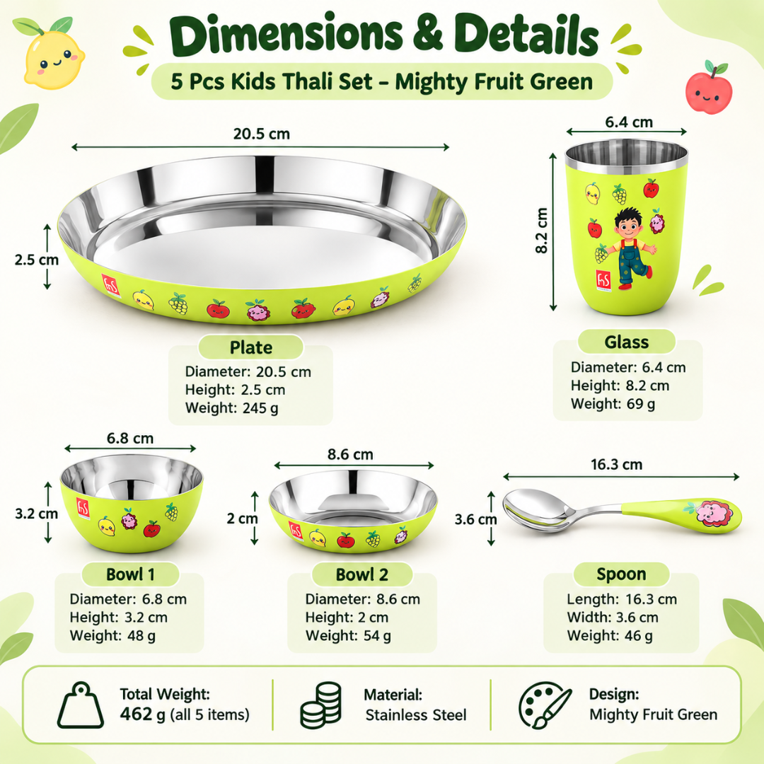 FnS Little Bites 5-Pc Stainless Steel Kids Dinner Thali Set – Mighty Fruit Green