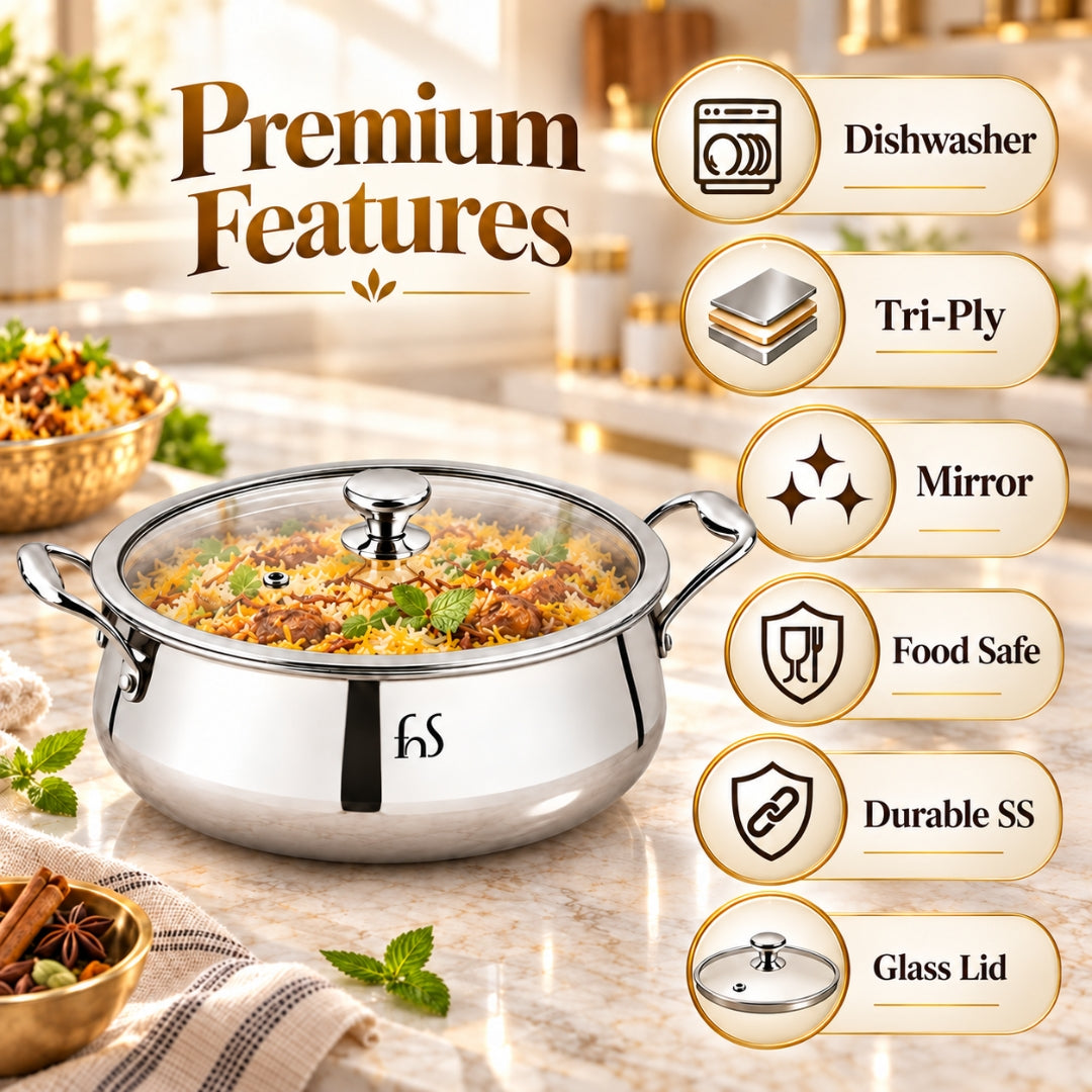FnS NuChef Triply Stainless Steel Biryani Handi 28 cm with Glass Lid