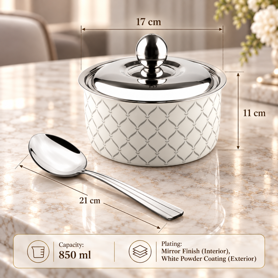 FnS Lecce Double Wall Stainless Steel Casserole 850ml with Lid and Venice Serving Spoon Combo