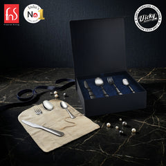 Chef Vicky Ratnani's Signature Collection By FnS Nexa Stainless Steel 24 Pcs Cutlery Set with Box Pack | 6 Dinner Spoon, 6 Dinner Fork, 6 Dinner Knife/Butter Knife, 6 Teaspoon | Premium sleek contemporary Handle Design Cutlery for Home, Dining & Kitchen