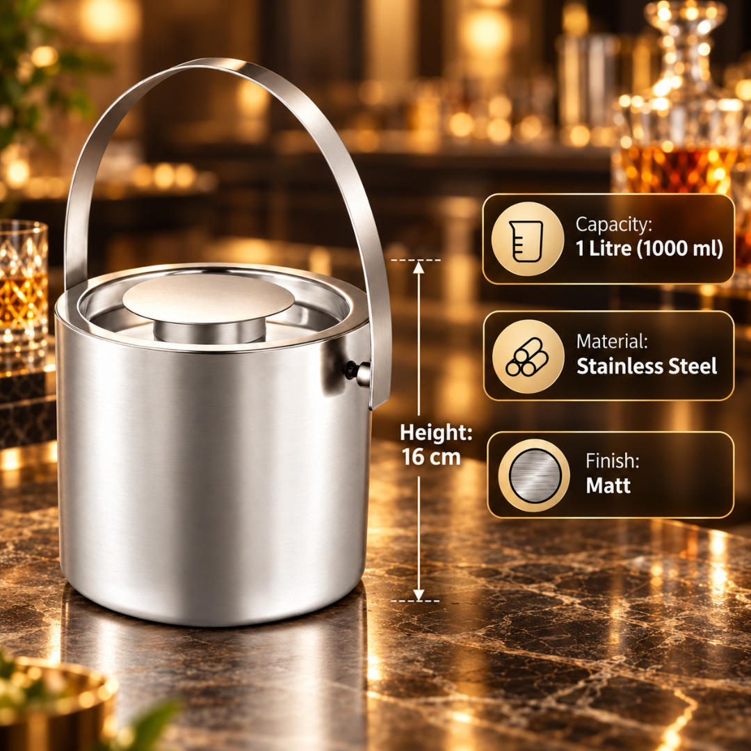 FnS Stainless Steel Ice Bucket with Lid and Handle (1 Liter)