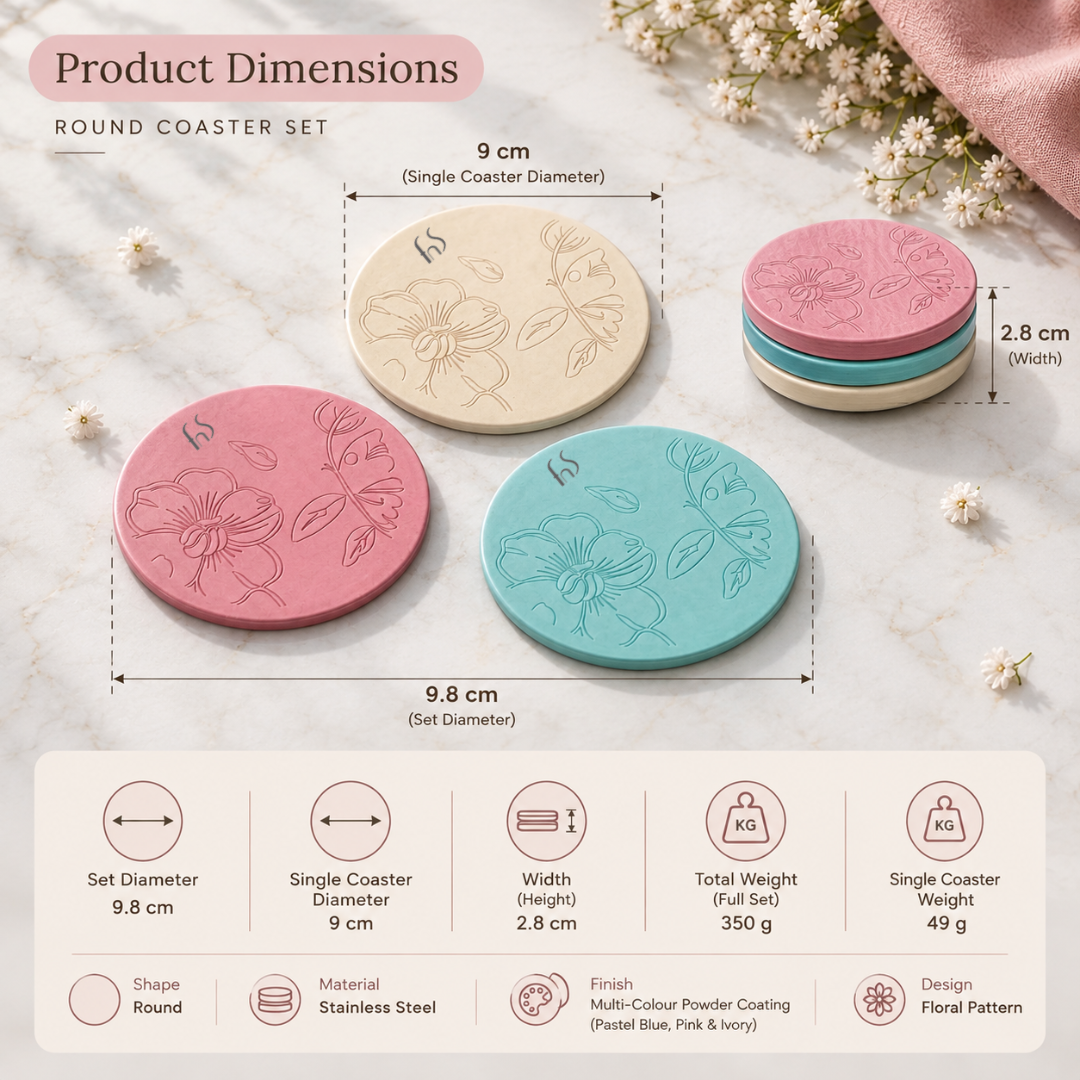 FnS Odiel 6-Pc Floral Stainless Steel Round Coaster Set