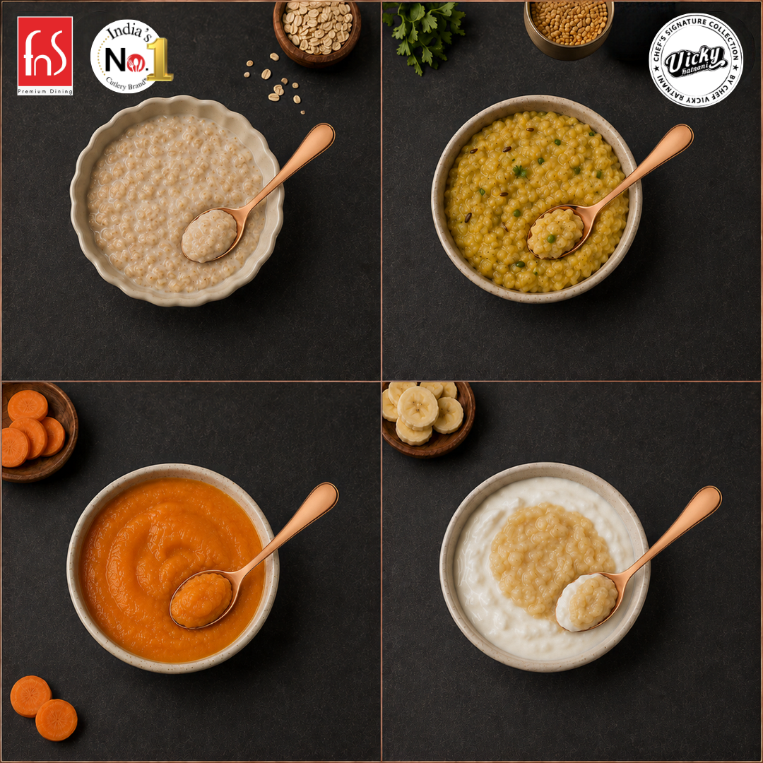 Chef Vicky Ratnani's Signature Collection By FnS Livo Rose Gold Stainless Steel Mirror Finish Baby Spoon 6 Pcs Set | Premium refined finish Handle Design, Durable and Safe, Ideal for Feeding, Stylish and Practical for Babies