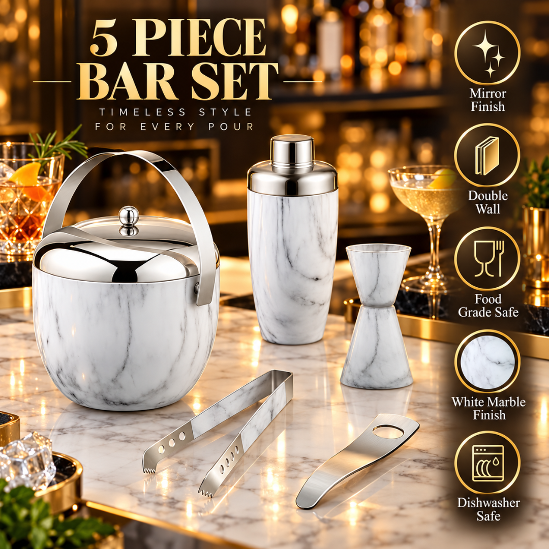 FnS 5-Pc White Marble Finish Stainless Steel Bar Set