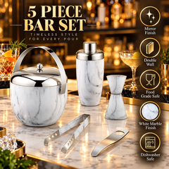 FnS 5-Pc White Marble Finish Stainless Steel Bar Set