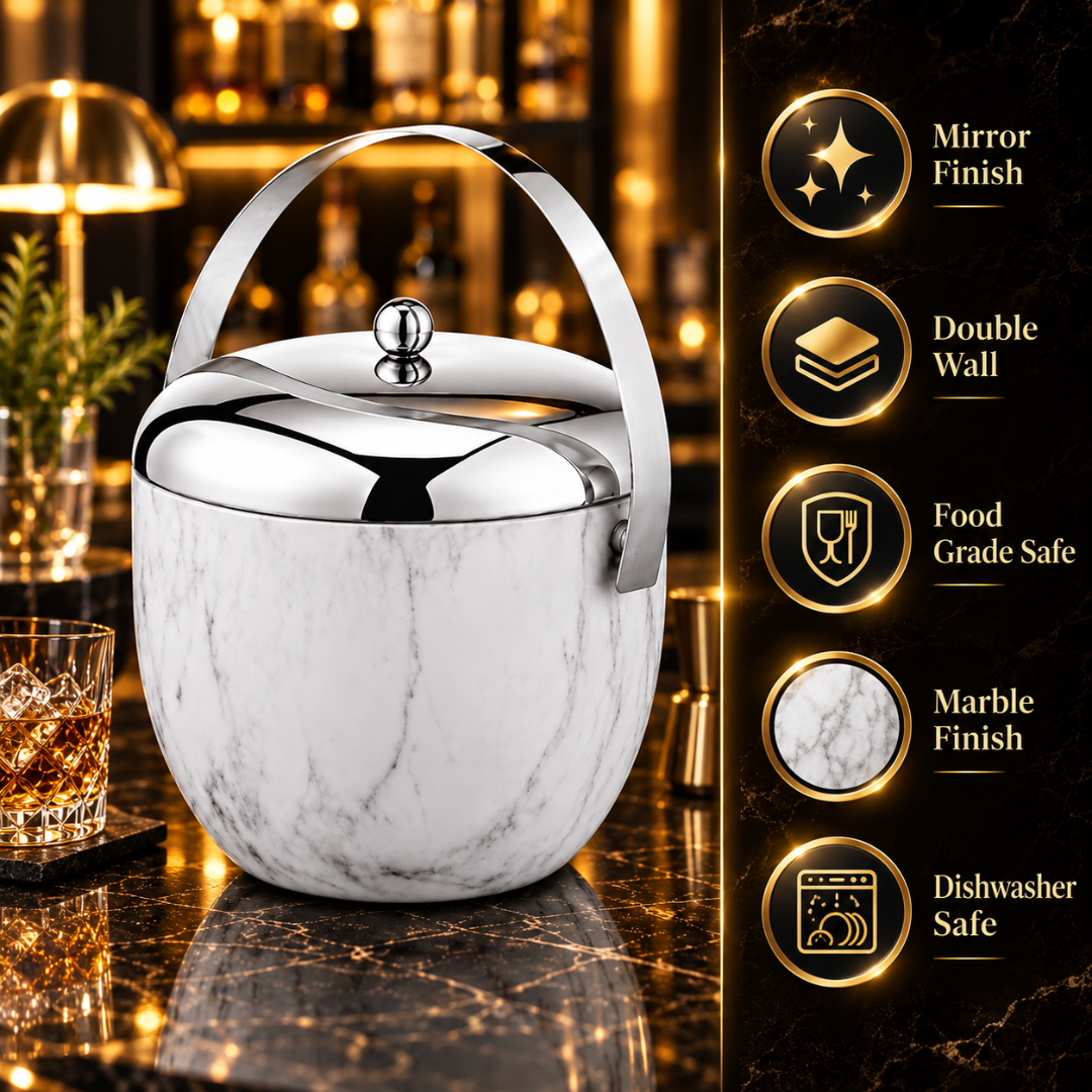 FnS Apple Double Wall White Marble Stainless Steel Ice Bucket 1.25L