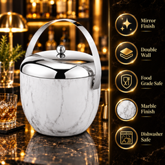 FnS Apple Double Wall White Marble Stainless Steel Ice Bucket 1.25L