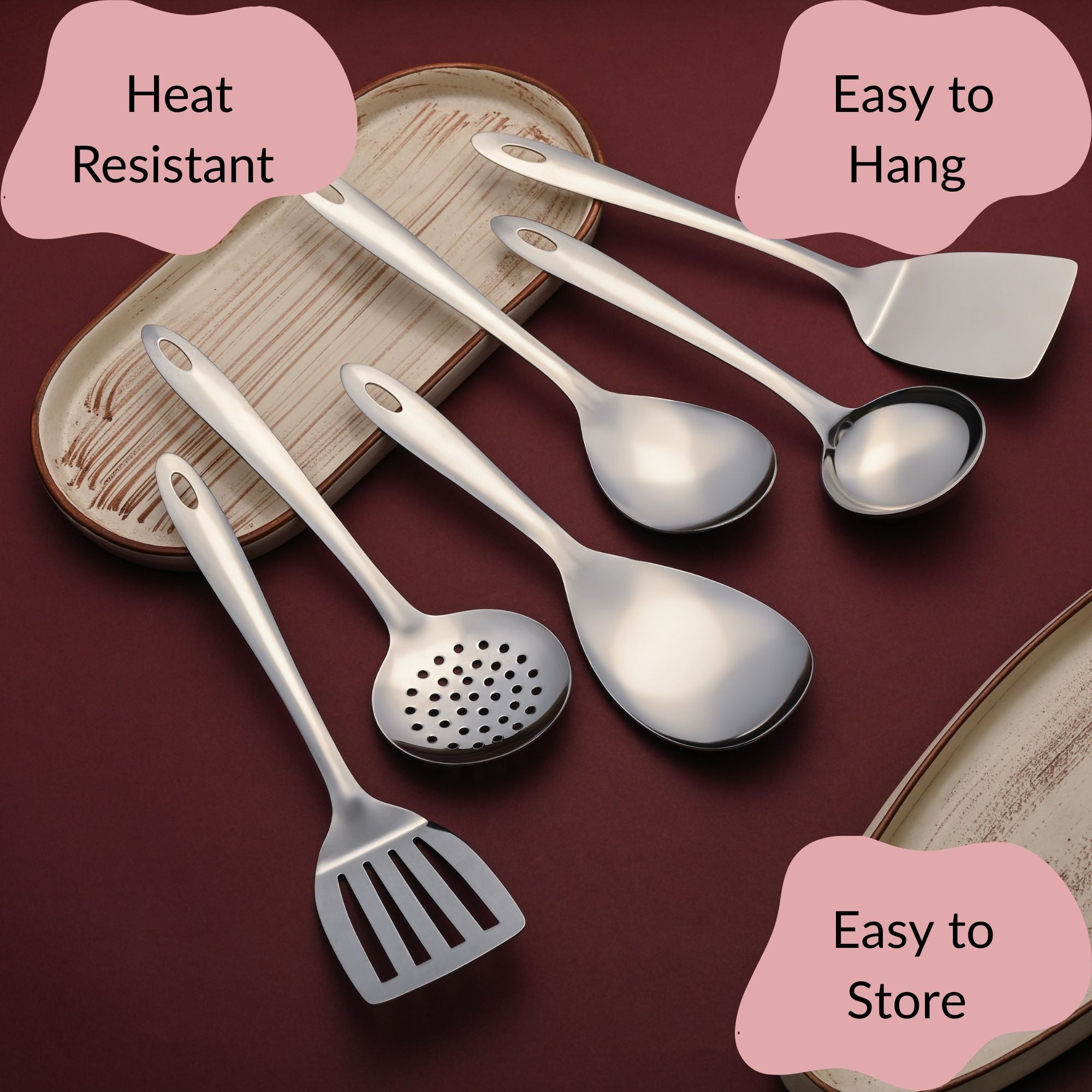 Montavo by FnS Amazon Stainless Steel Serving Tools Set of 6, 1 Rice Server, 1 Gravy Ladle, 1 Serving Spoon, 1 Solid Palta, 1 Skimmer, 1 Turner Slotted