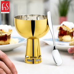 FnS Premium Stainless Steel Savory Ice Cream Bowl in gold finish with spoon, styled on a dessert table setting