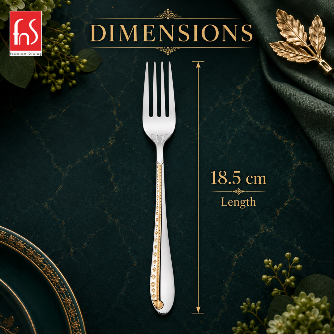 FnS Tivoli stainless steel dinner fork with 24 Karat gold plated handle shown with 18.5 cm length detail for daily dining