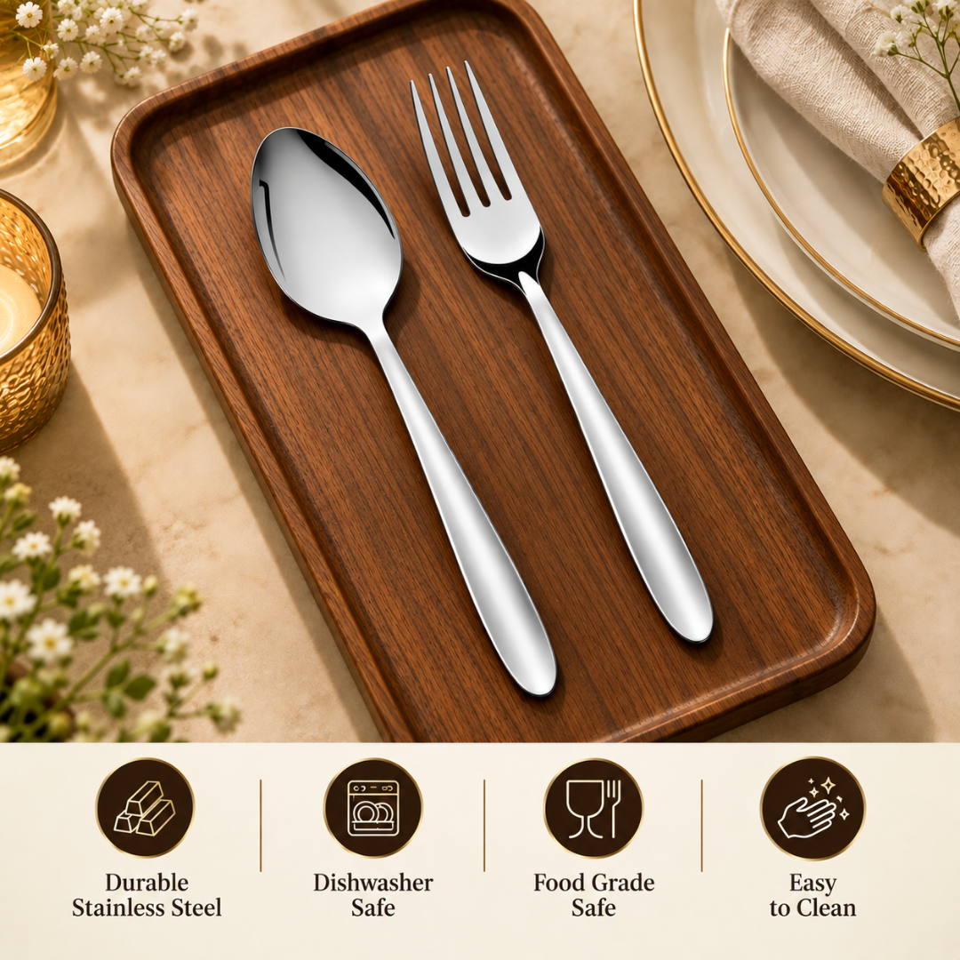 Montavo by FnS Sober 12 pcs stainless steel cutlery set highlighting dishwasher safe, food grade and easy-clean features.