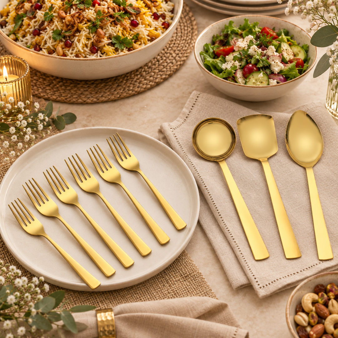 Montavo Alexa Gold Dinner Fork & Serving Set Combo (9 Pcs)