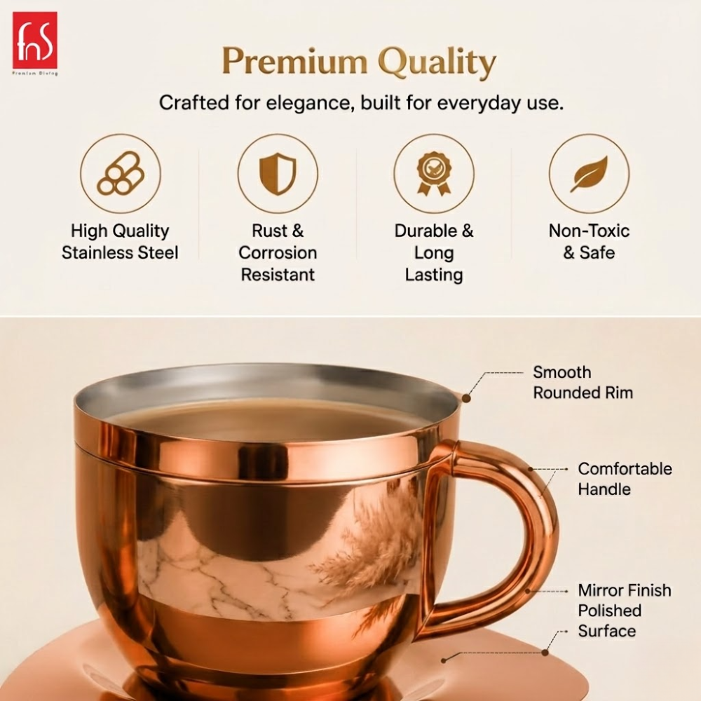 FnS Tea Cup and Saucer Set of 4 Stainless Steel for Gift and Home Decor Double Walled Cup | Unbreakable Cups for Tea and Coffee (Rose Gold, 4 Cups and 4 Saucer)