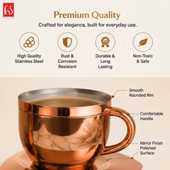FnS Tea Cup and Saucer Set of 4 Stainless Steel for Gift and Home Decor Double Walled Cup | Unbreakable Cups for Tea and Coffee (Rose Gold, 4 Cups and 4 Saucer)