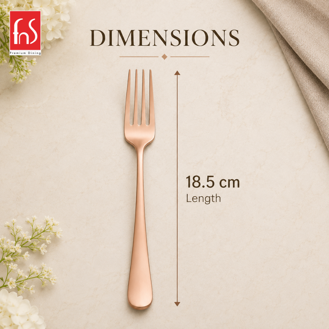 FnS Rosella rose gold stainless steel dinner fork shown with 18.5 cm length, sleek profile and smooth polished handle