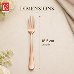 FnS Rosella rose gold stainless steel dinner fork shown with 18.5 cm length, sleek profile and smooth polished handle