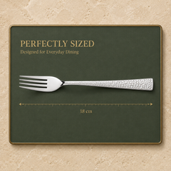 Montavo by FnS Helios stainless steel dessert fork with hammered handle, measuring 18 cm for comfortable daily dining.
