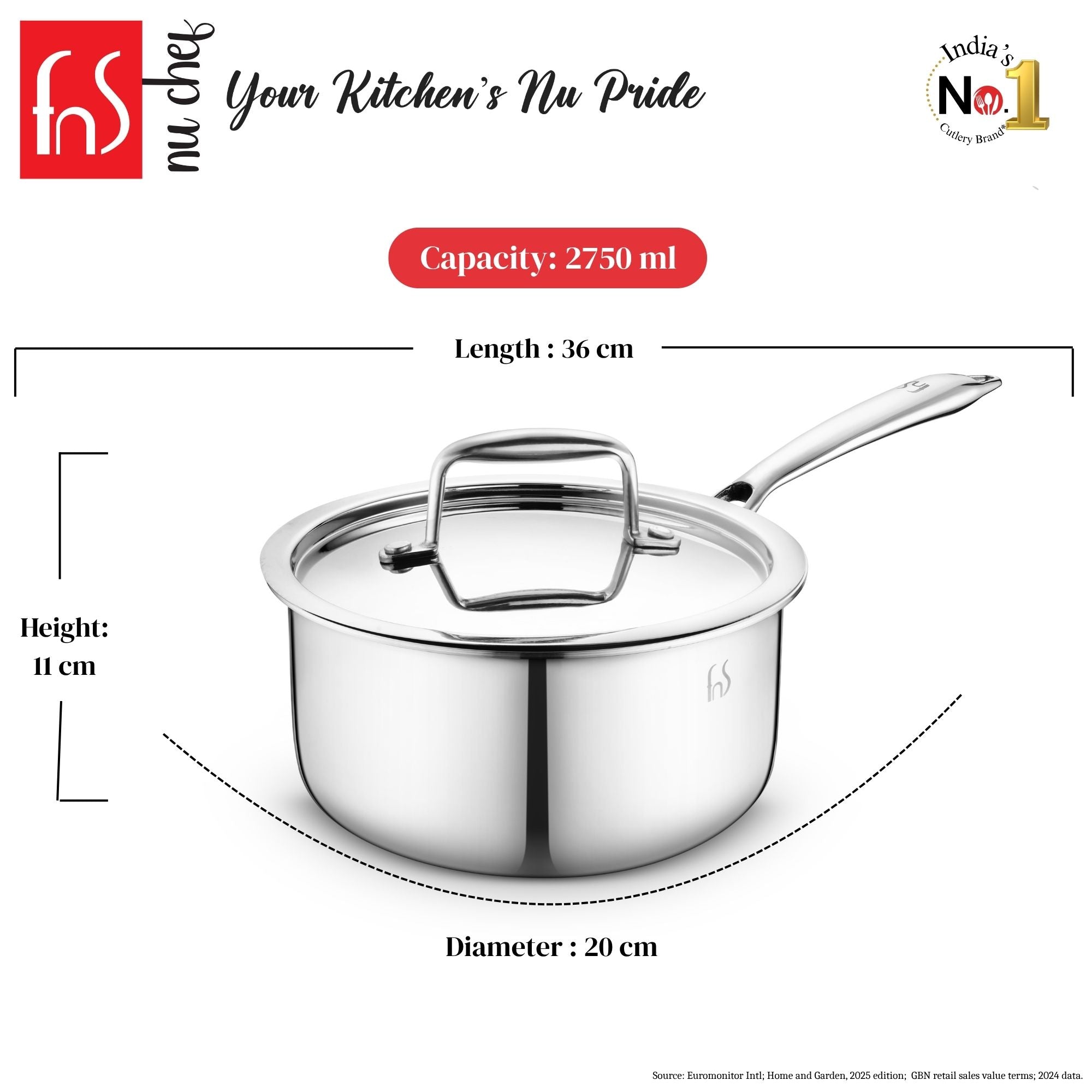 FnS NuChef Cookware Triply Sauce Pan 18 CM With Lid