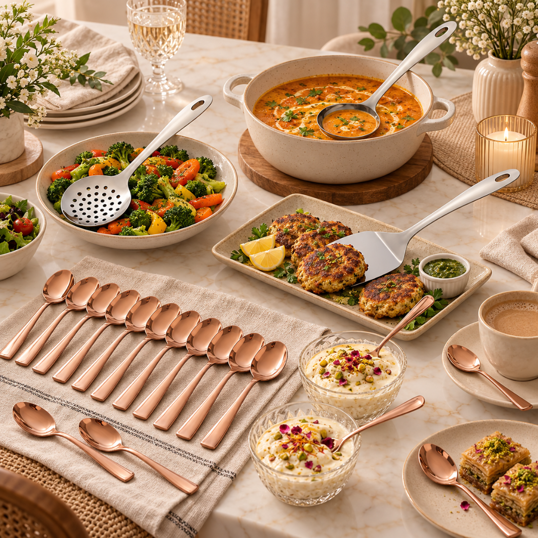 Montavo Amazon Serving Tools & PVD Rose Gold Dinner Spoon Combo Set